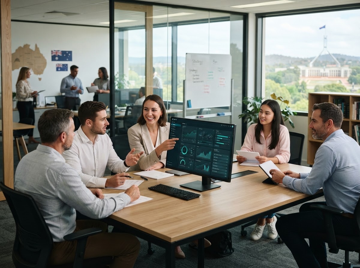 Austrilex AI team reviewing capital allocation data on screen